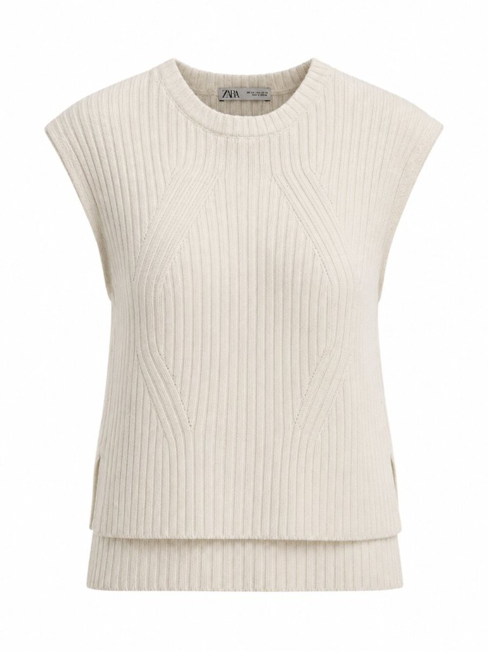 Zara Cream Ribbed Knit Sweater Vest Cap Sleeve High Low Hem Side Slits Sz M